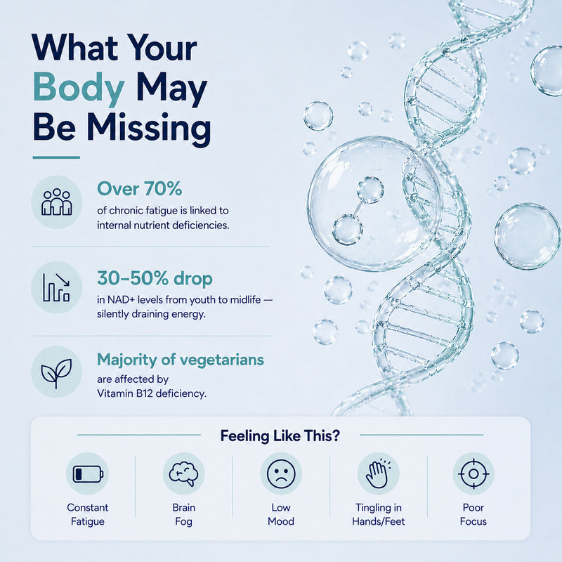 Health infographic about nutrient deficiencies and their symptoms on a light blue background with DNA strands.
