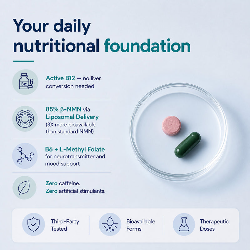 Supplement advertisement with pills on a glass plate and text about daily nutritional foundation.