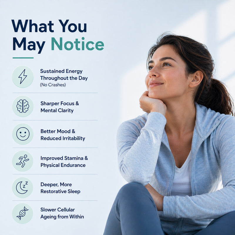 Woman sitting with a thoughtful expression, surrounded by text about health benefits on a light blue background.