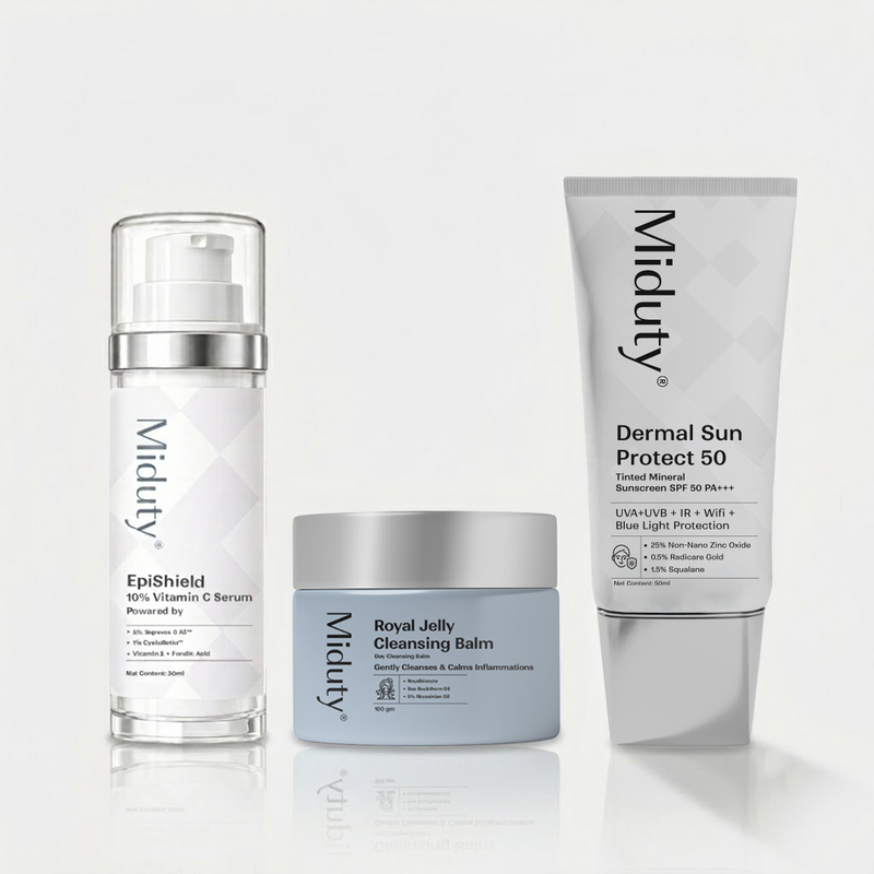 Three skincare products from the brand 'Miduty' on a light gray background