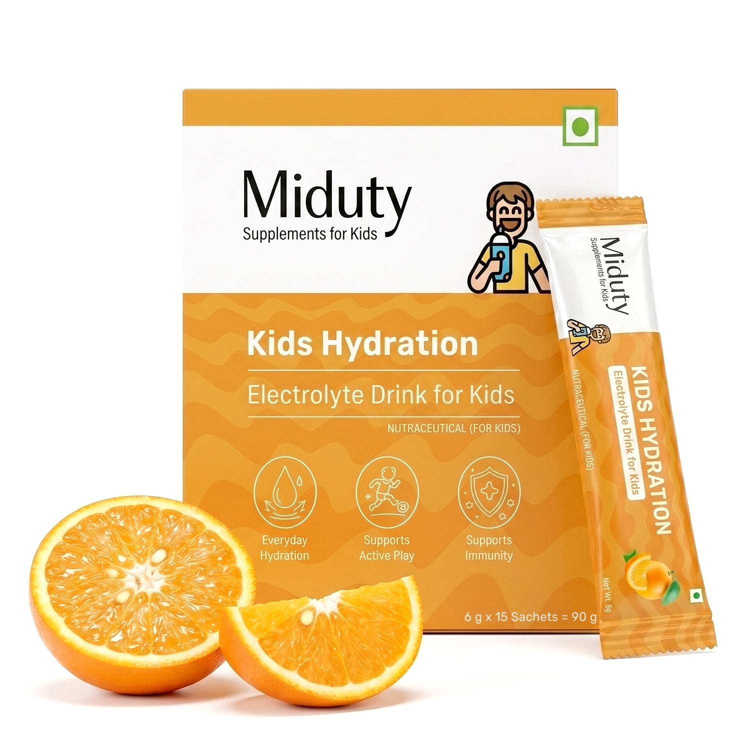 Miduty Kids Hydration electrolyte drink package with oranges on a white background