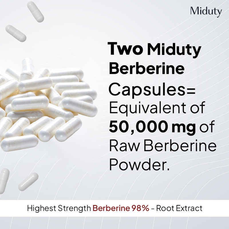 Two Miduty Berberine HCL Capsules = 50,000 mg of Raw Berberine Powder