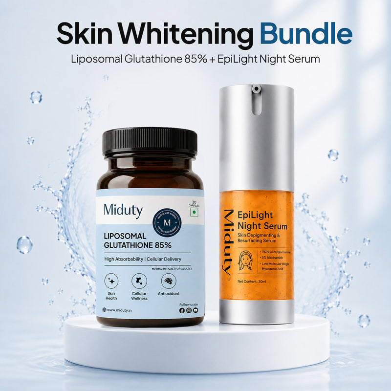 Miduty Skin Whitening Bundle featuring a brown bottle of Liposomal Glutathione 85% and EpiLight Night Serum