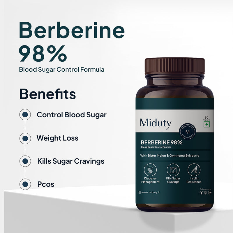Bottle of Miduty Berberine 98% supplement with benefits like control blood sugar, weight loss, kill sugar cravings, pcos