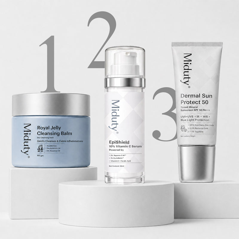 Three skincare products from the brand 'Midutya' on white stands with numbers indicating their order.