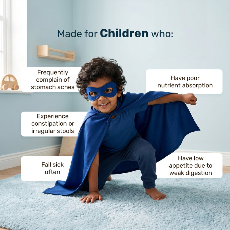 Child in superhero costume with text about health issues in children