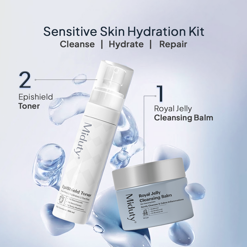 Sensitive Skin Hydration Kit with Epishield Toner and Royal Jelly Cleansing Balm on a light blue background.