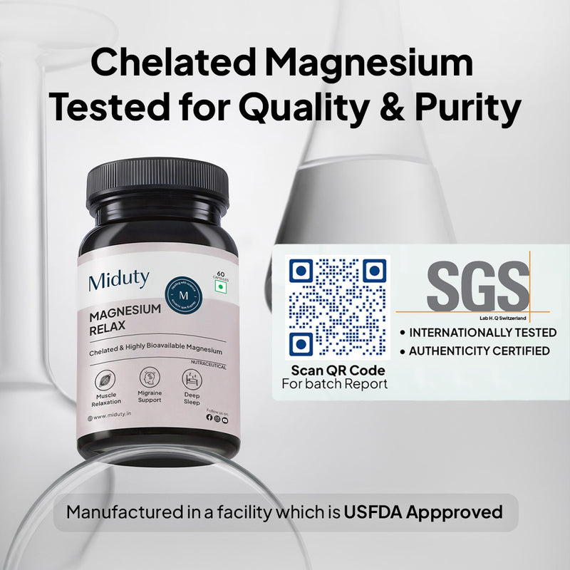 Miduty Magnesium Relax supplement bottle with SGS certification