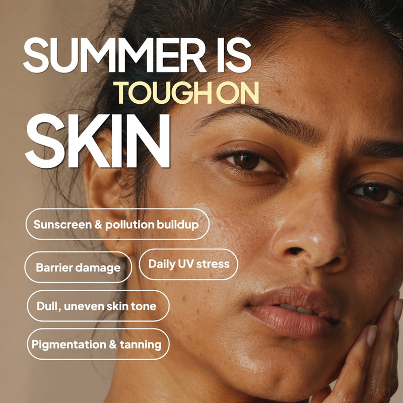 Woman's face with text overlay about skin challenges in summer