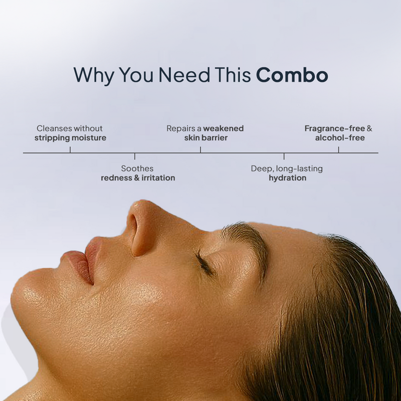 Woman lying down with a focus on her face, featuring text about skincare benefits.