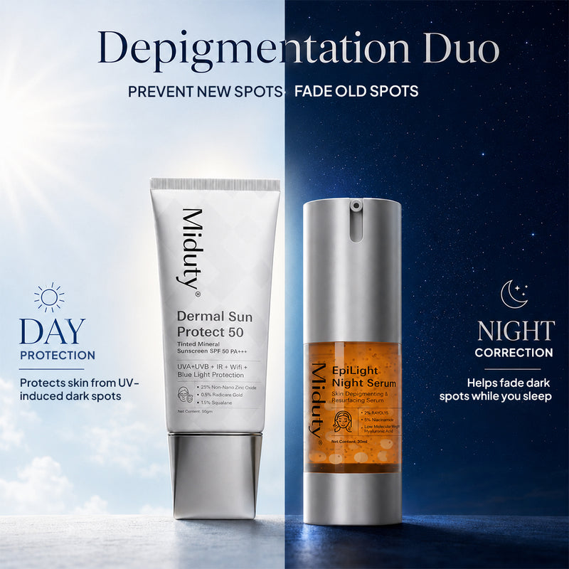 Two skincare products for depigmentation, one for day protection and one for night correction