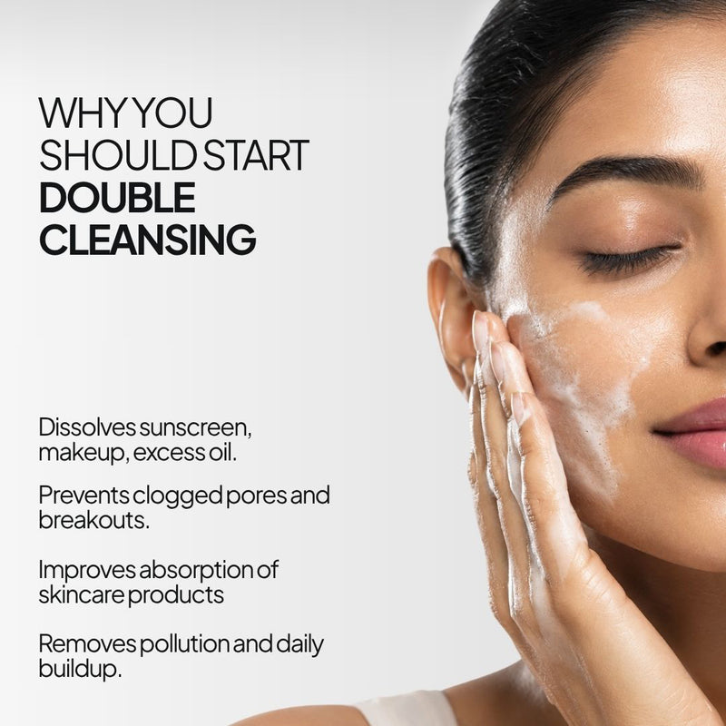 Woman applying skincare product with text about double cleansing benefits