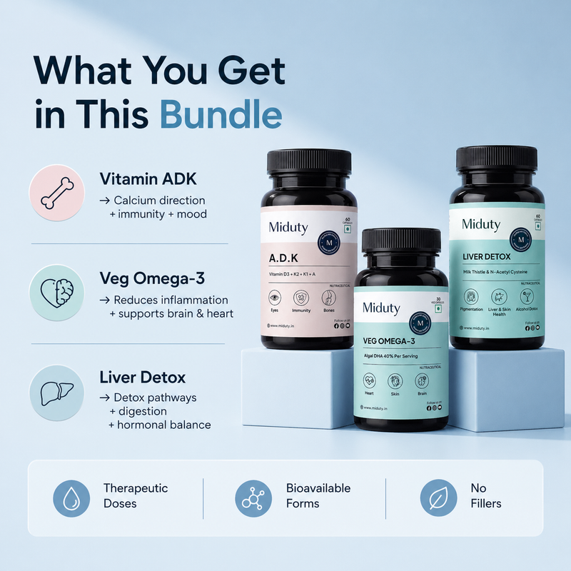 What you get in this bundle - Liver detox, Veg omega 3, vitamin ADK
