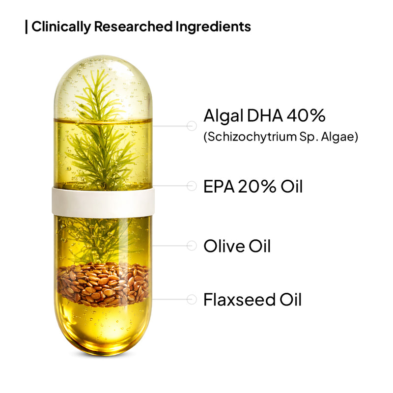 Veg Omega 3 Capsule supplement has Algae oil 40%, EPA 20%, olive oil and flaxseed oil