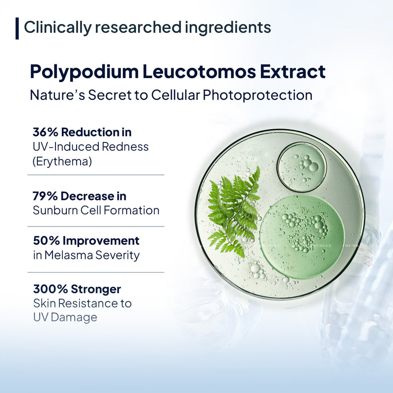 Showing Polypodium Leucotomos Extract with benefits listed on a white background.