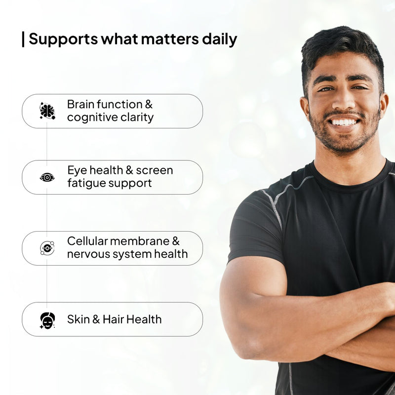 Man in black shirt with health benefits listed