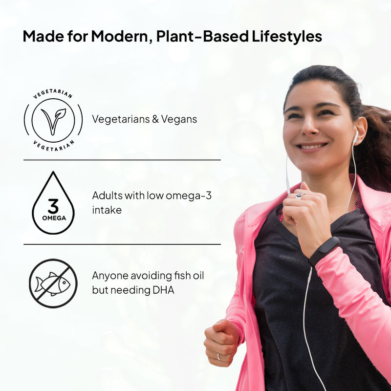 Woman exercising outdoors with text and icons about vegetarian, vegan, omega-3, and fish oil alternatives.