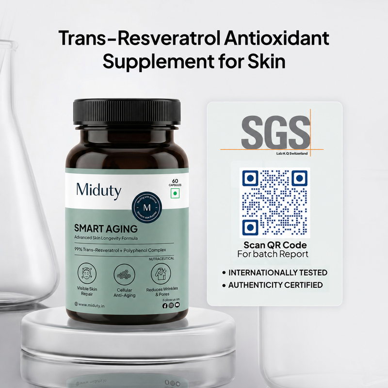 Showing Miduty Smart Aging internationally tested and authenticity certified