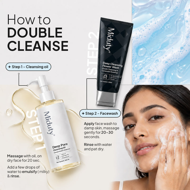 Showing how to double cleanse with Miduty Deep Cleansing Flower Wash + Deep Pure Cleansing oil