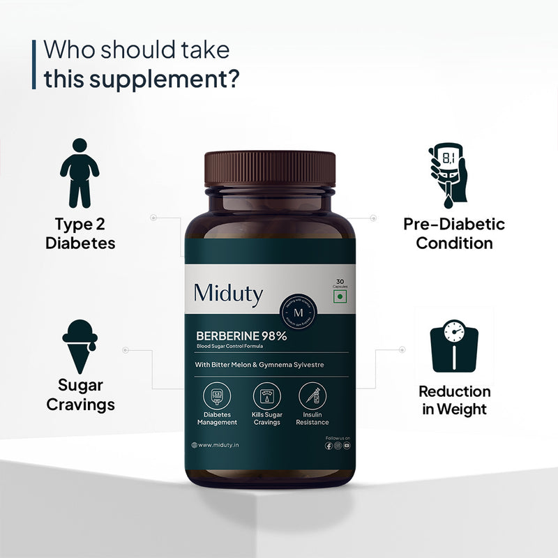 Supplement bottle labeled 'Miduty' with icons and text indicating its uses for diabetes management, sugar cravings, pre-diabetic condition, and weight reduction.