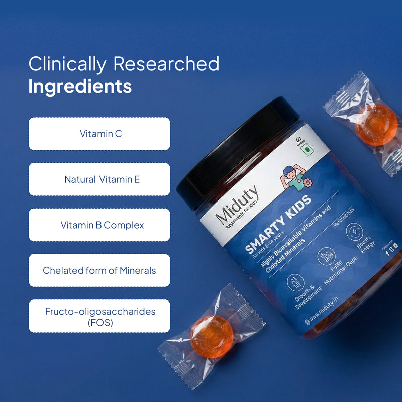 Miduty Smartly Kids multivitamin gummy bottle on a blue background with text listing clinically researched ingredients including Vitamin C, Natural Vitamin E, Vitamin B Complex, and FOS.