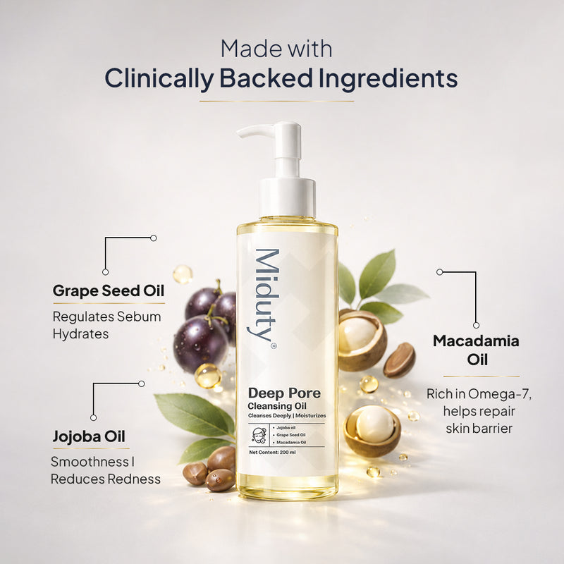 Bottle of Midutie Deep Pore Cleansing Oil with list of ingredients