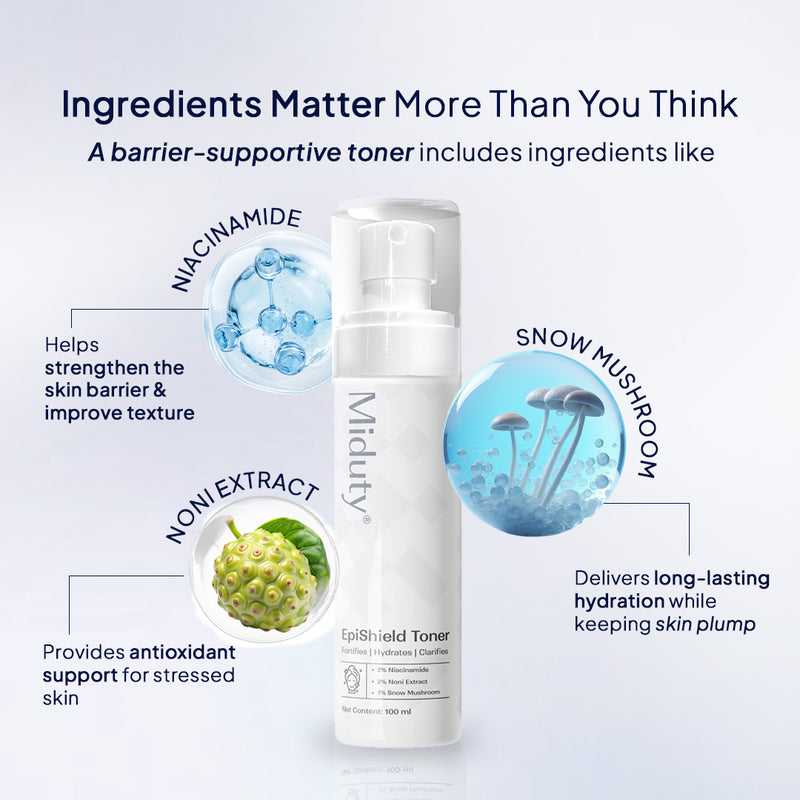 Midday Epishield Toner with ingredients highlighted for barrier supportive toner