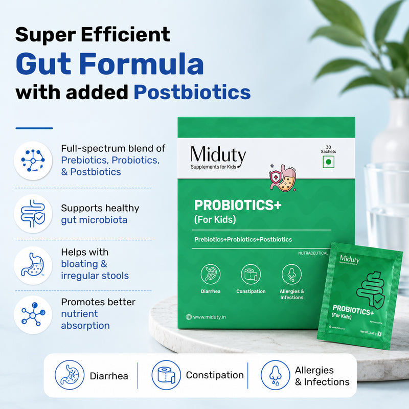 Miduty Probiotics+ packaging for kids with product details on a light blue background