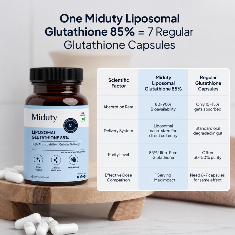 Miduty Liposomal Glutathione 85% supplement bottle shown next to a comparison chart explaining absorption and delivery compared to regular glutathione capsules