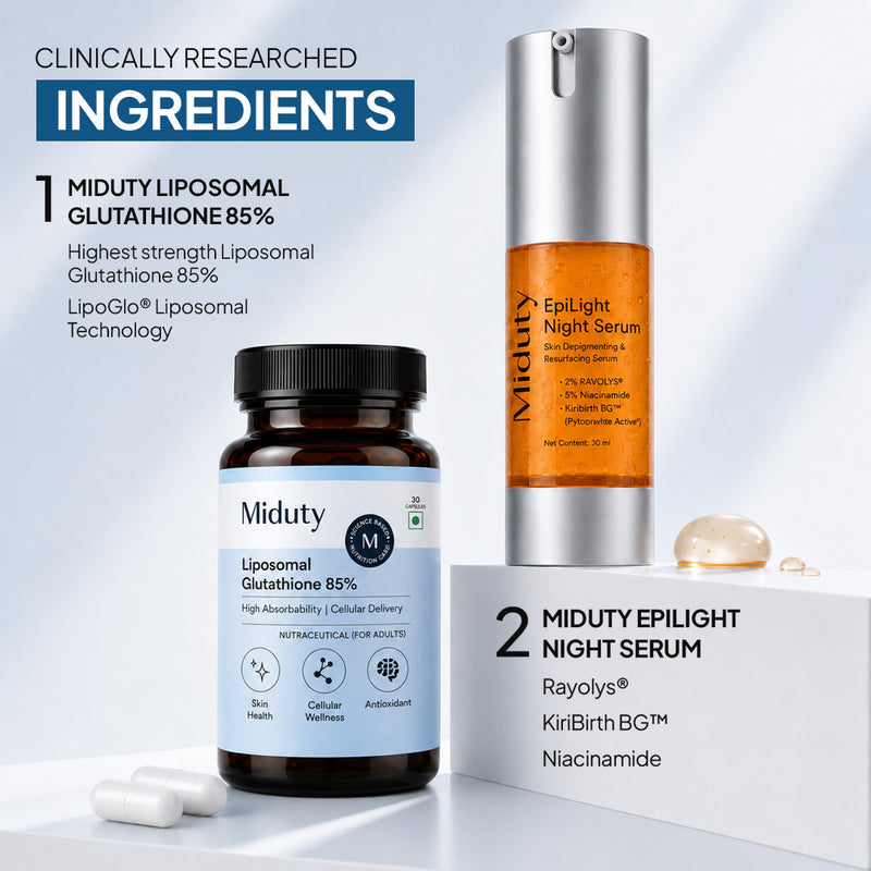 Miduty Liposomal Glutathione 85% supplement bottle and Epilight Night Serum bottle displayed