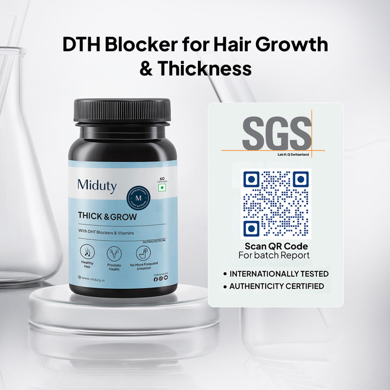 Miduty Thick & Grow supplement bottle with SGS certification