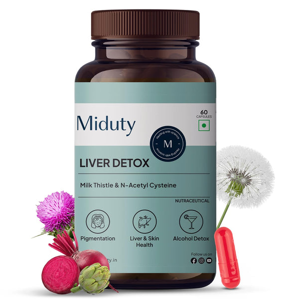 Bottle of Miduty Liver Detox supplement with herbs and a pill on a white background