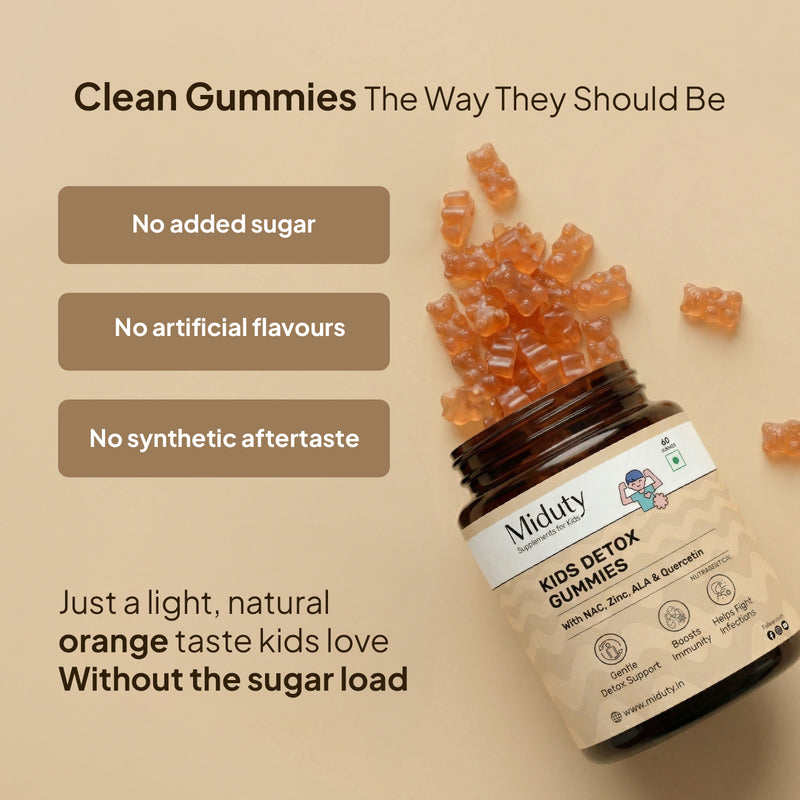 Miduty Kids Detox Gummies with no sugar, no artificial colors, and no synthetic aftertaste