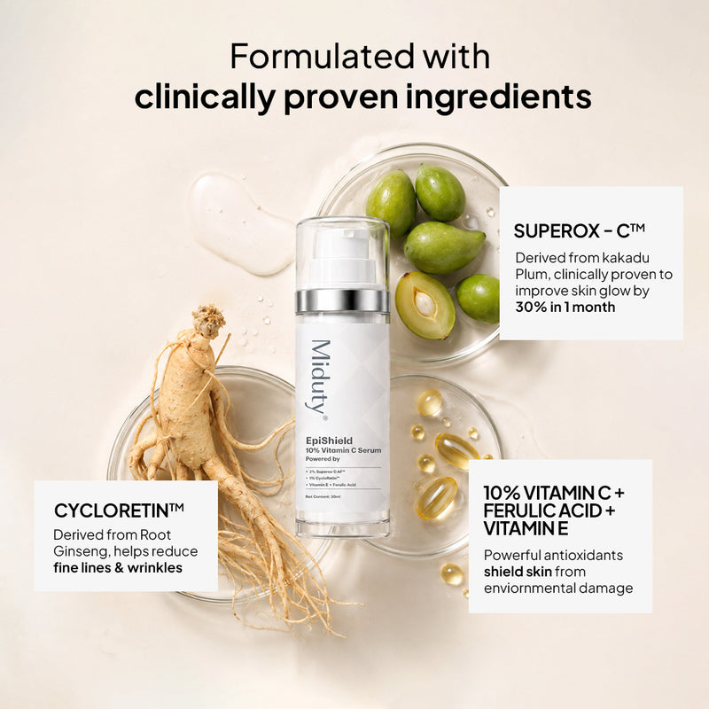 Skincare product with ingredients and text highlighting clinically proven benefits