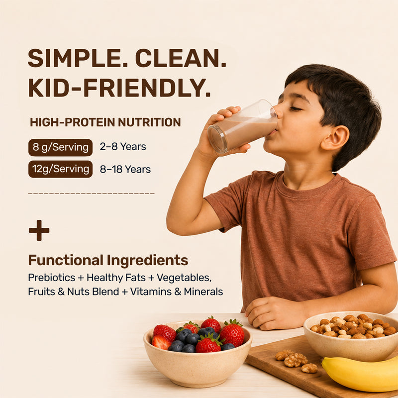 A child drinking a glass of protein milk from a carton, with bowls of fruit, nuts, and a banana on a table.
