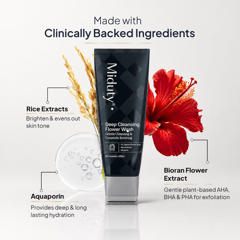 Miduty Deep Cleansing Flower Wash with rice extracts, aquaporin, and bioran flower extract