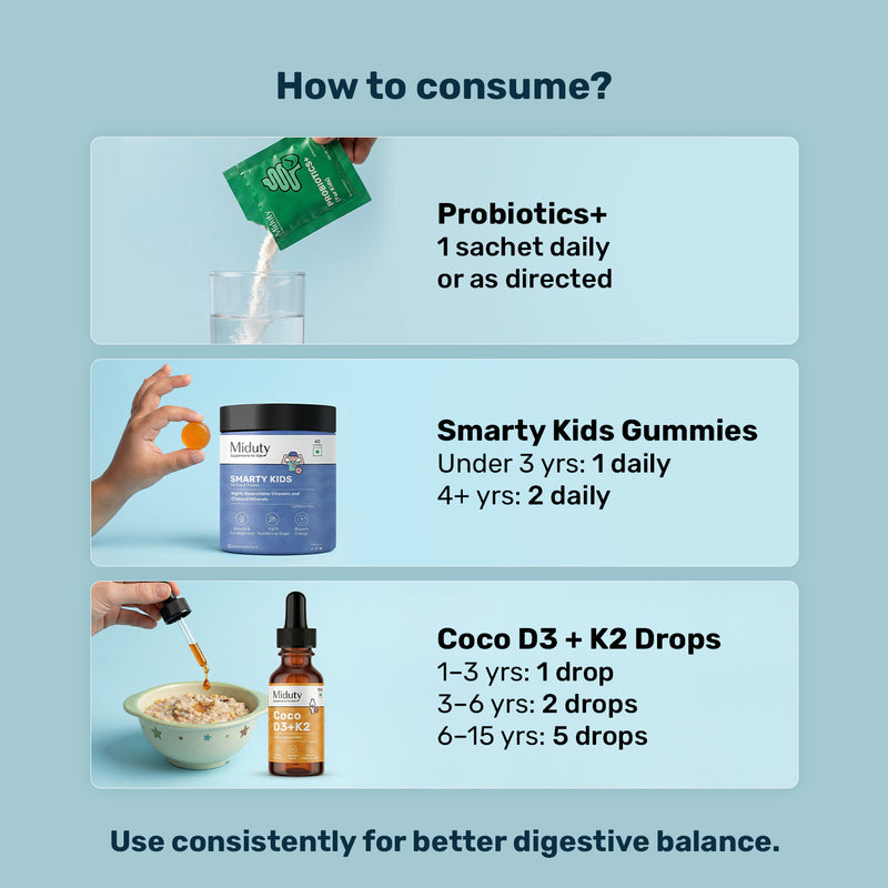 how to consume miduty kids probiotics, Smarty kids and Coco d3 + K2 supplement