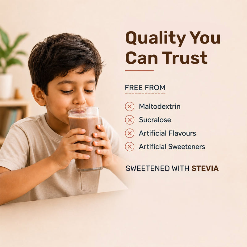 A child drinking a chocolate-colored beverage from a glass. The text reads 'Quality You Can Trust' and lists ingredients excluded: maltodextrin, sucralose, artificial flavours, and artificial sweeteners.