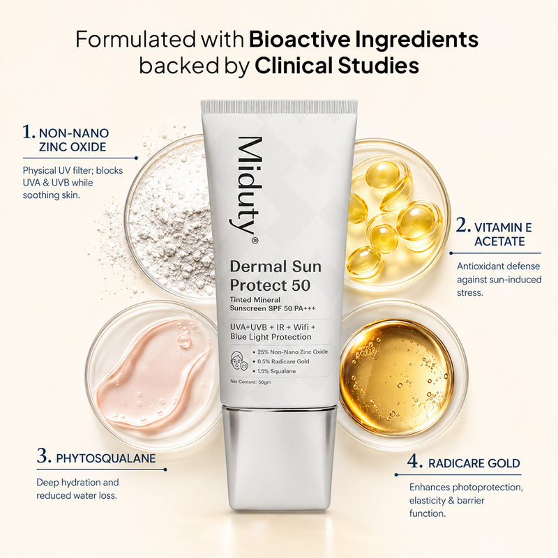 Miduty Dermal Sun Protect 50 sunscreen tube with bioactive ingredients and clinical study information