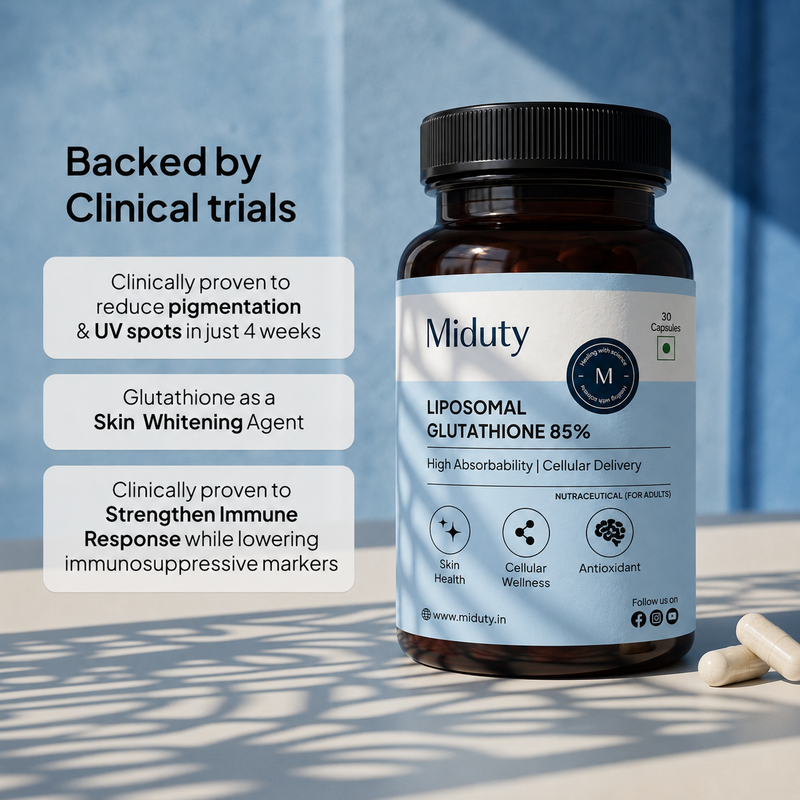 clinical trials and benefits of Miduty Liposomal Glutathione 85% skincare supplement