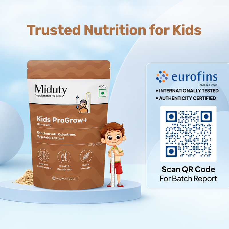Miduty Kids ProGrow+ supplement package with Eurofins certification