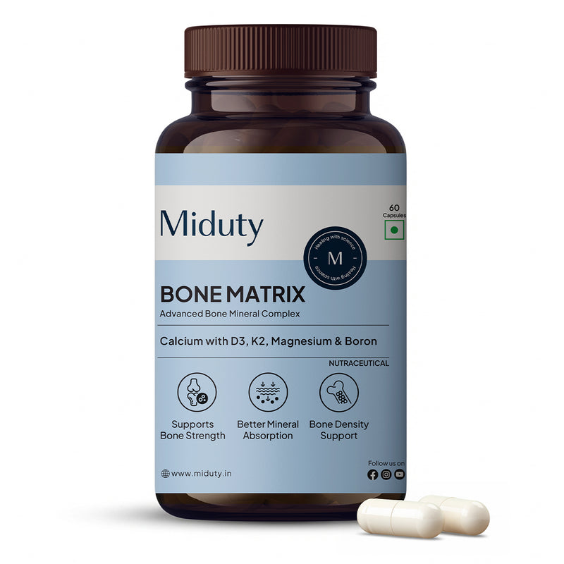 Bottle of Miduty Bone Matrix capsules supplement - A calcium citrate supplement with minerals complex