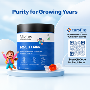 Miduty Smarty Kids supplement container with a QR code for Eurofins authenticity