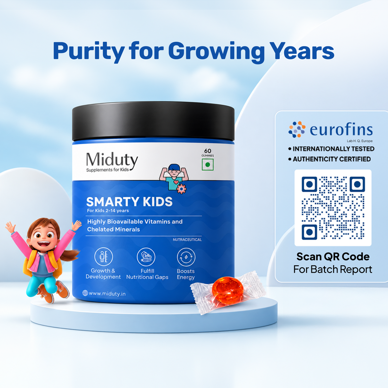 Miduty Smarty Kids supplement container with a QR code for Eurofins authenticity