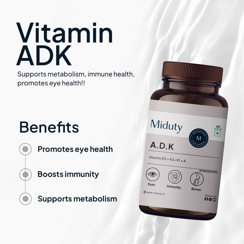 Highlighting Miduty Vitamin A.D.K supplement benefits like helps promote eye health, helps in boosting immunity, supports metabolic function.