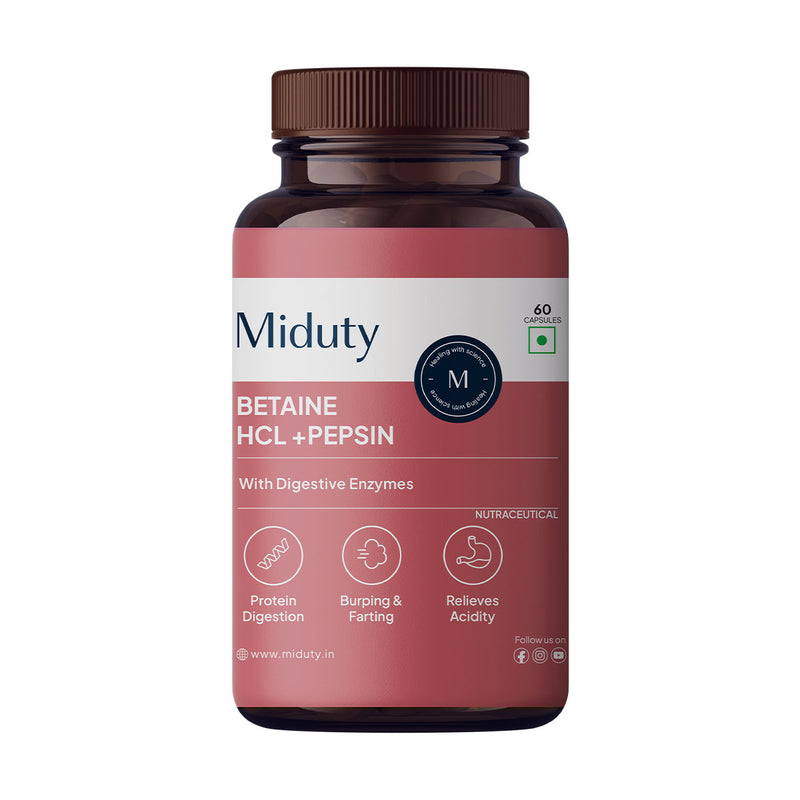 Miduty Betaine HCL + Pepsin Supplement Front View