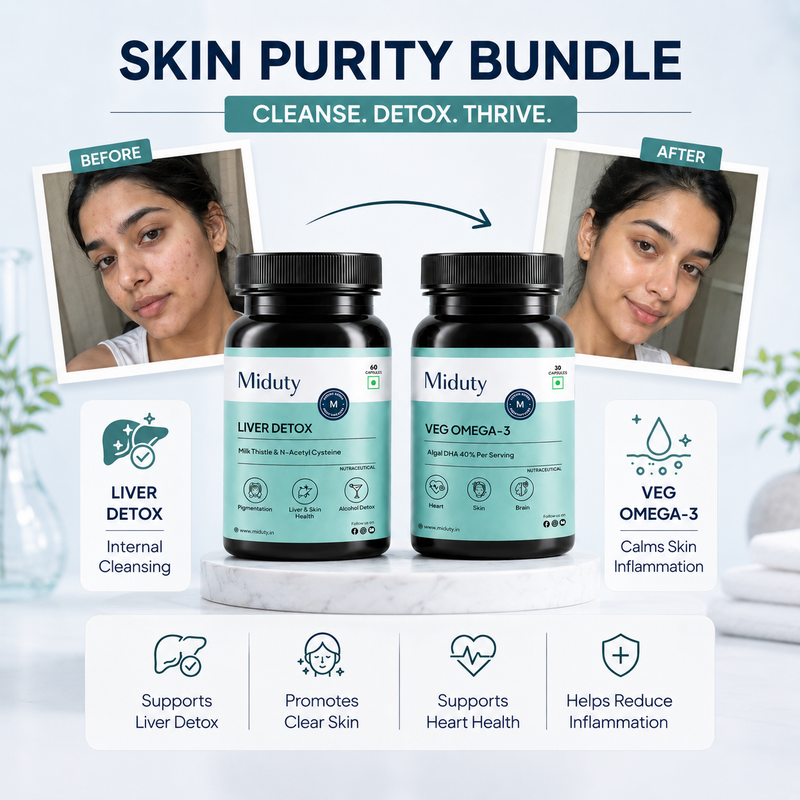 Skin Purity Bundle with Miduty supplements and before-after images