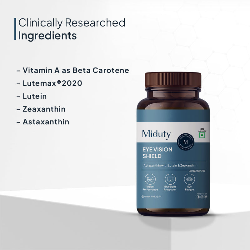 Miduty Eye Vision Shield supplement bottle with ingredients like Vitamin A, Lutemax 2020, Lutein, Zeaxanthin, Astaxanthin