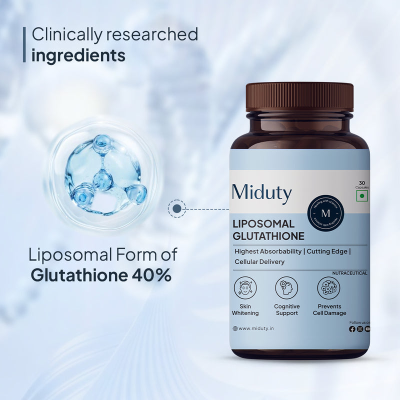 Miduty liposomal glutathione supplement bottle with clinical research text on a light blue background