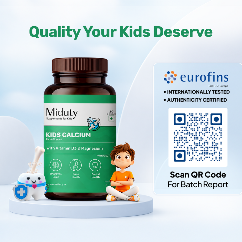 Miduty Kids Calcium supplement bottle featuring Eurofins authentication QR Code.
